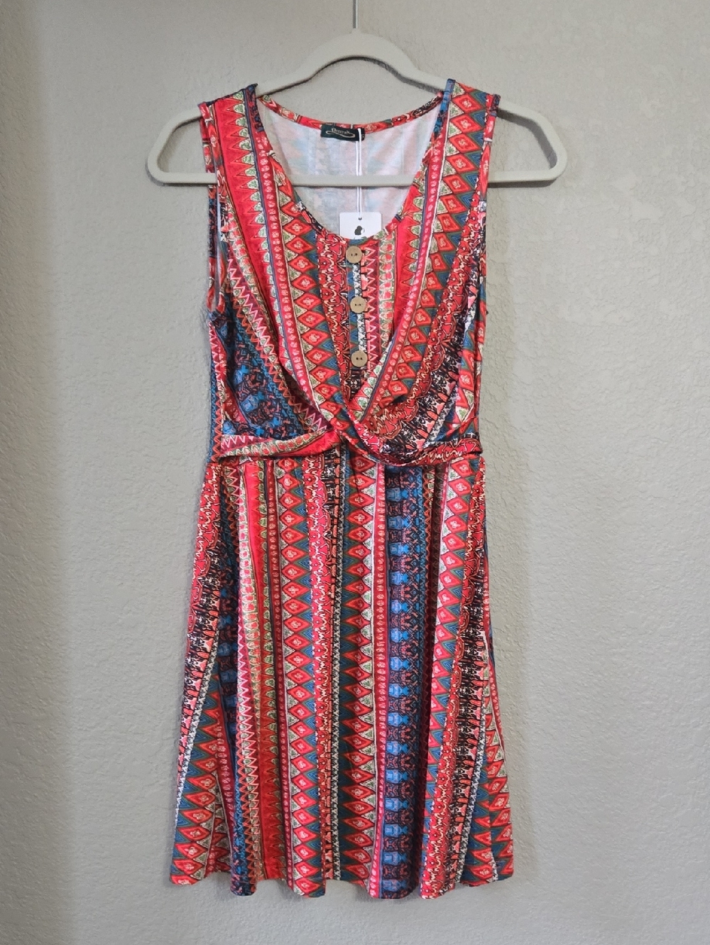 Sleeveless Red Patterned V-Neck Summer Dress